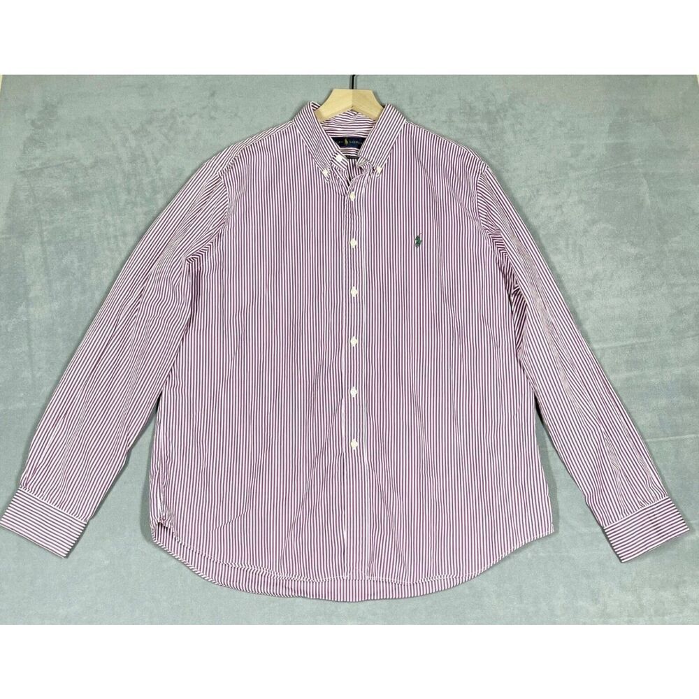 Ralph Lauren Mens Shirt XL Burgundy Striped Button Down Long Sleeve‎ Green Pony